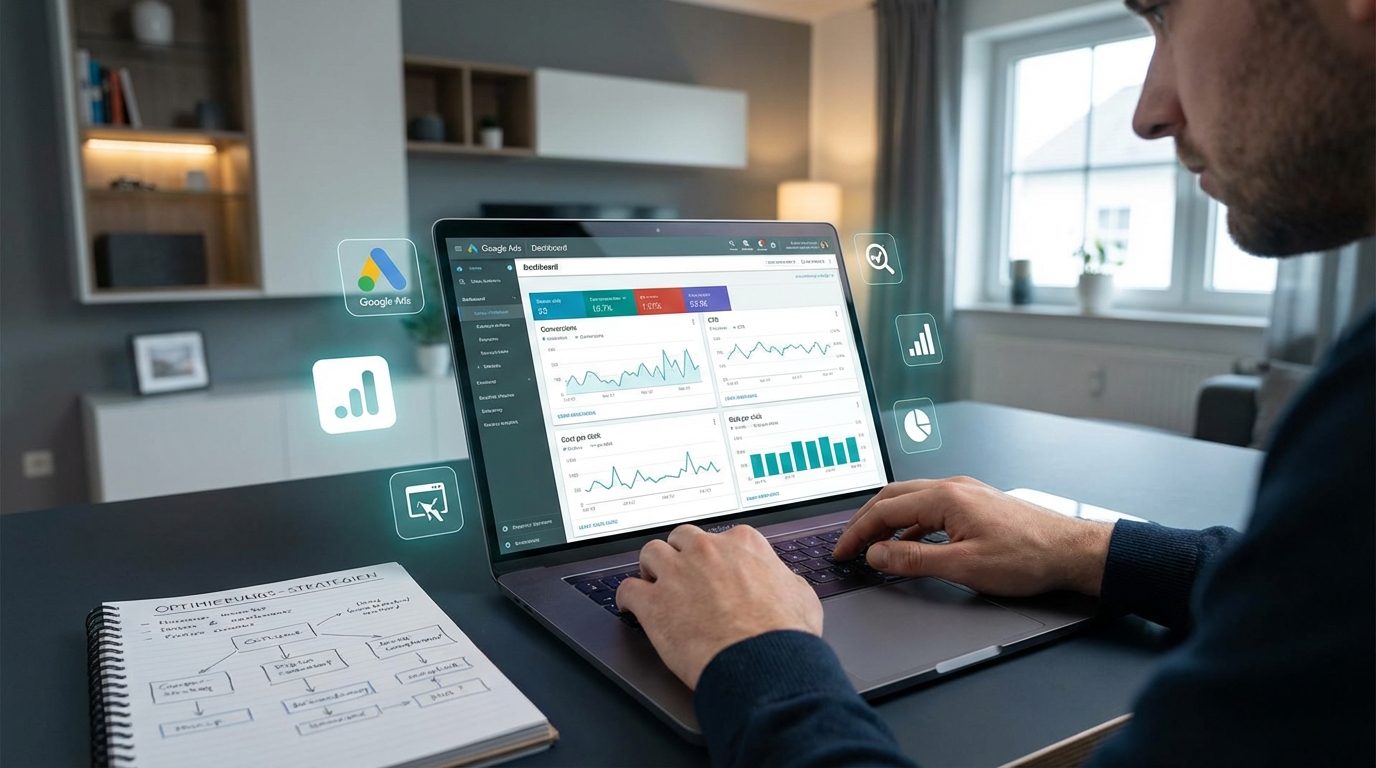 Eine Person, die auf einem Laptop Google Ads-Diagramme analysiert und Optimierungsstrategien plant.