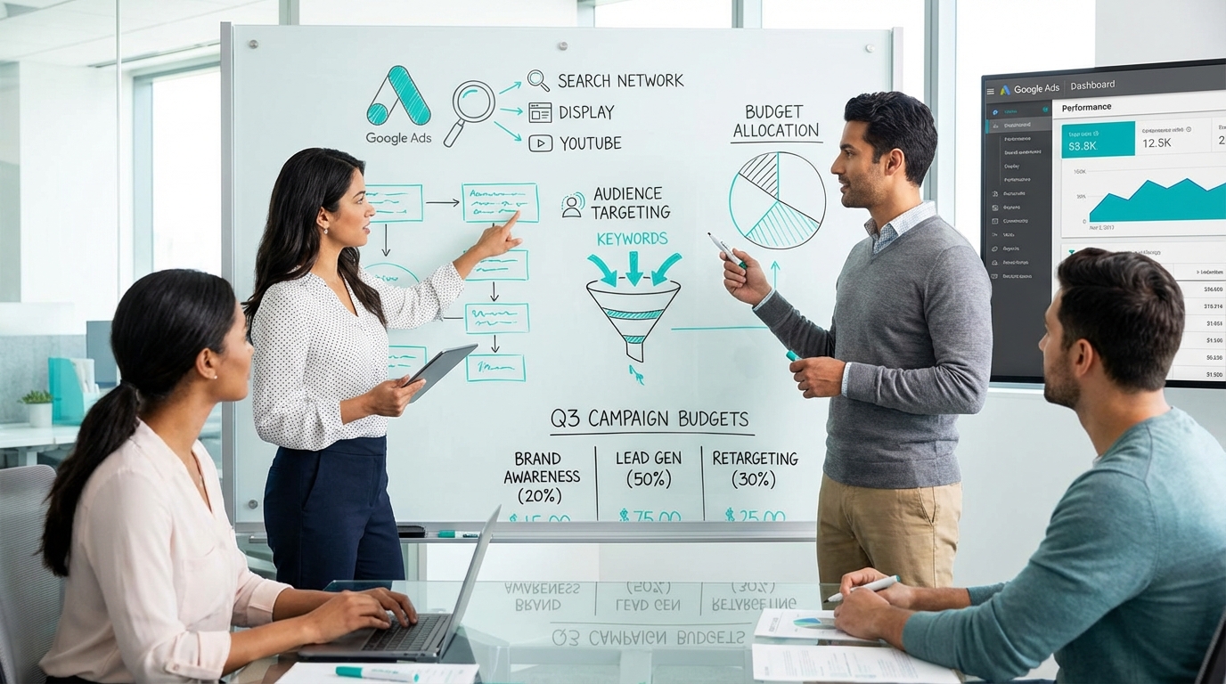 Ein Team, das an einem Whiteboard über Google Ads-Strategien diskutiert und Kampagnenbudgets plant.